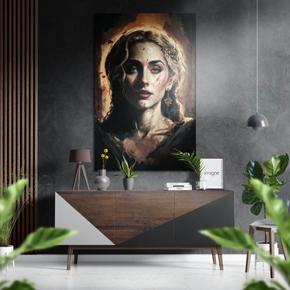 Brushed aluminum wall art depicting a portrait of a woman with wavy hair and gold star earring, displayed above a wooden console table in a modern interior.