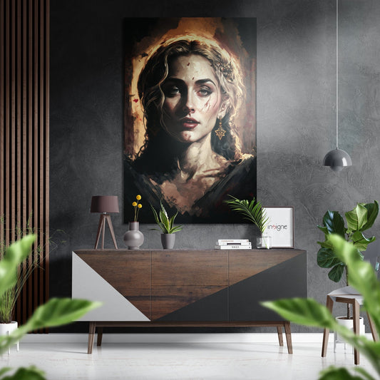 Brushed aluminum wall art depicting a portrait of a woman with wavy hair and gold star earring, displayed above a wooden console table in a modern interior.