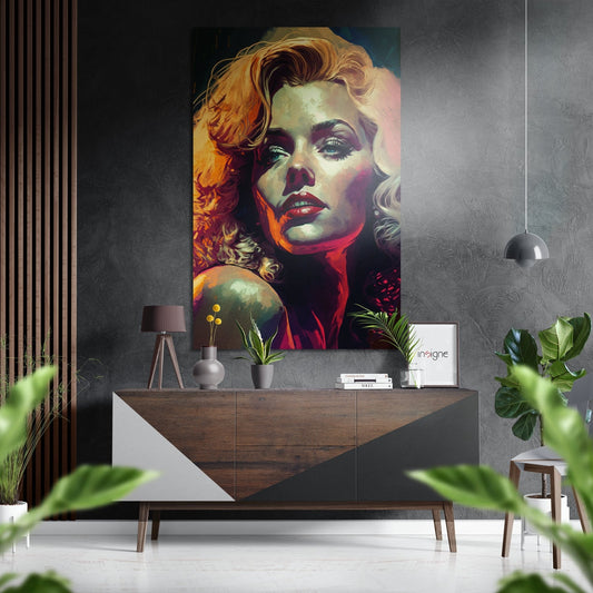 Colorful pop art portrait of a blonde woman with red lips displayed above a wooden dresser in a modern gray interior with plants.