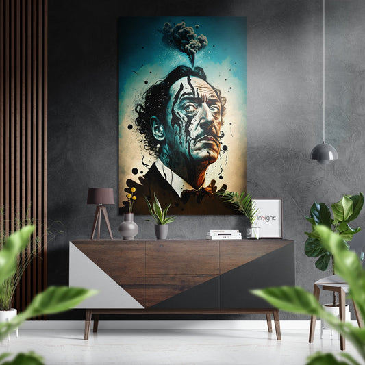 Surreal portrait artwork hung above wooden dresser in modern interior with plants, showing man's face with teal and cream tones and dark smoke plume emanating from head.