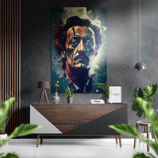 Colorful portrait artwork with turquoise and warm tones displayed above a mid-century modern wooden dresser in a styled living room setting.