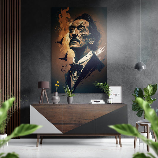 Portrait artwork featuring a man in formal attire with bow tie, amber tones, and black bats, displayed above wooden console in modern interior setting.