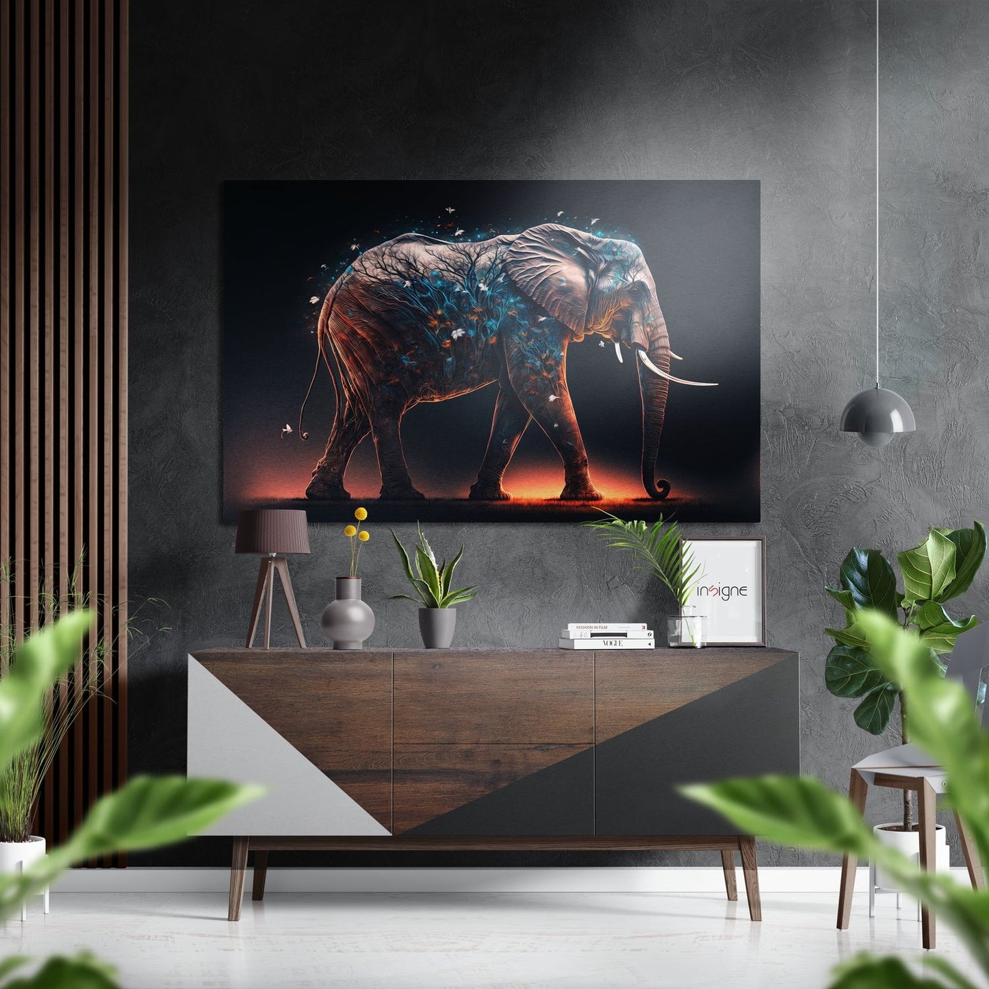 Teal Butterfly Glowing Amber Elephant Brushed Aluminum Dibond Wall Art