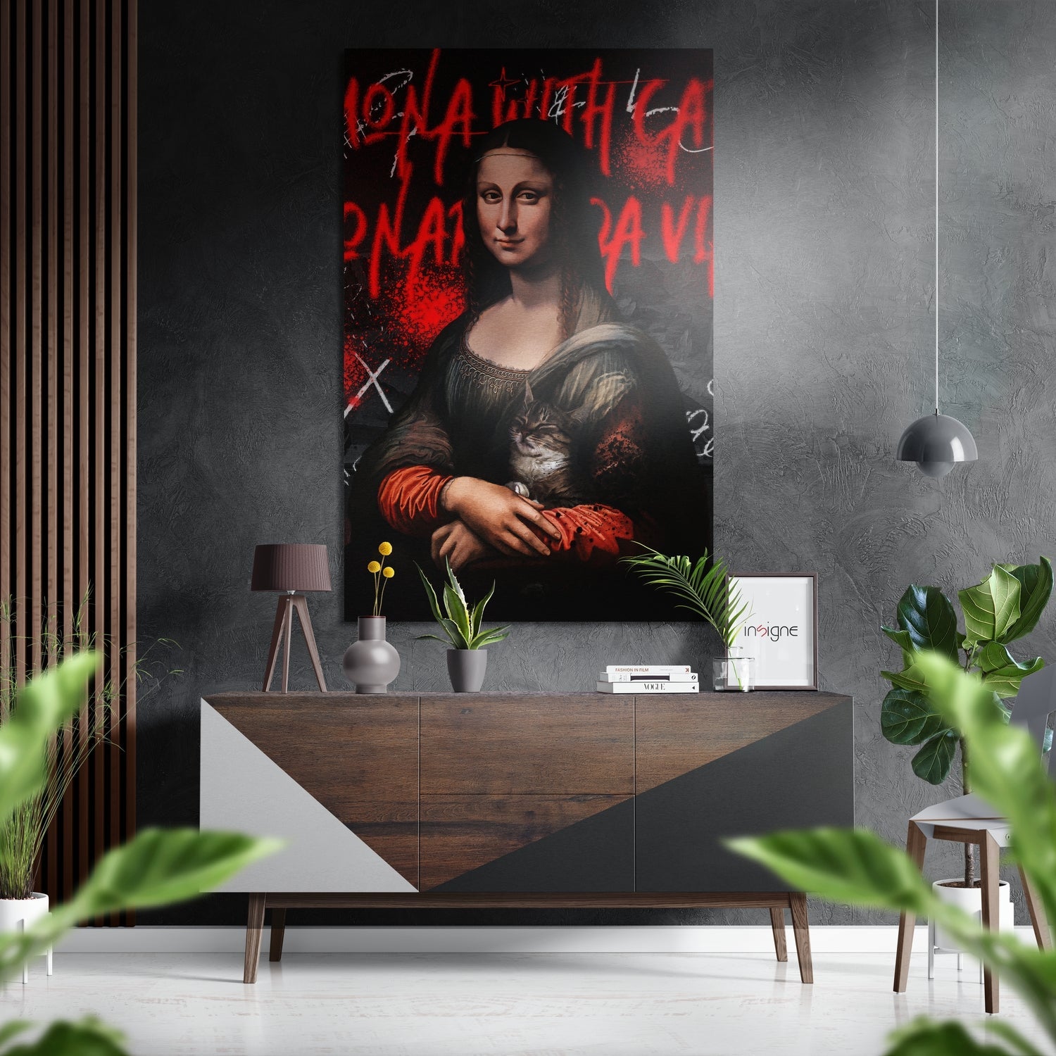 Modern interior setting displaying Mona Lisa with Cat brushed aluminum wall art above wooden sideboard with plants and pendant lamp.