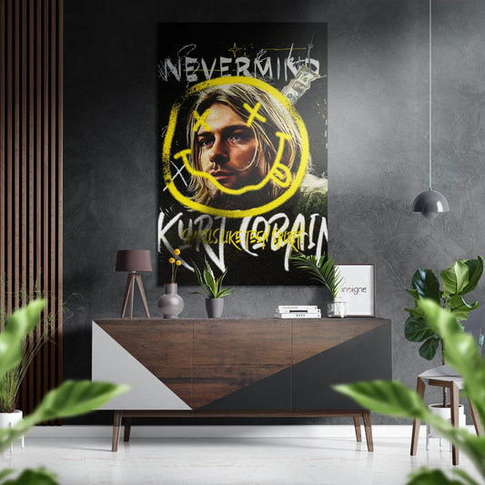 Modern interior with nineties grunge singer portrait featuring yellow neon circle, mounted above wooden console with plants and pendant lighting.