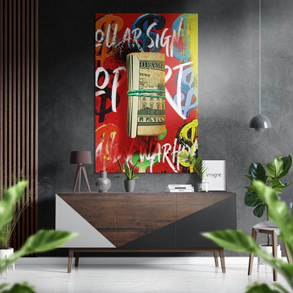 Modern living room interior featuring colorful pop art wall installation with dollar bill and graffiti motifs above wooden console table.