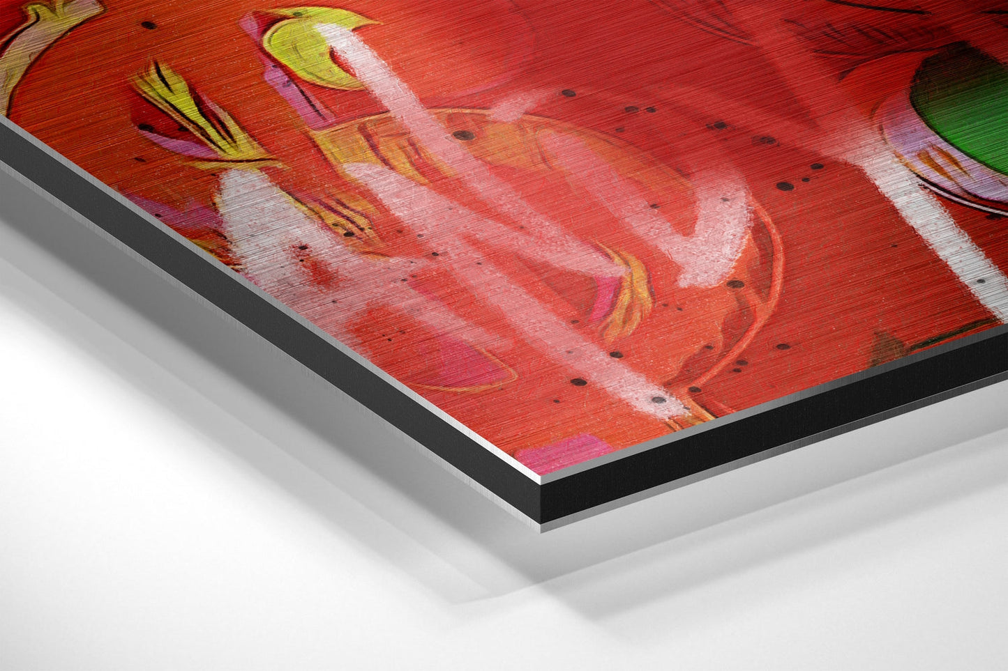 Angled product view of brushed aluminum wall art featuring red abstract design with colorful leaves and botanical elements, showing layered edge construction.