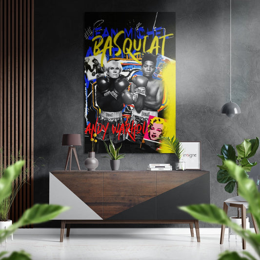 Modern living room interior featuring vibrant Basquiat-inspired boxing artwork with yellow, blue, and red graffiti elements displayed above a wooden console table.