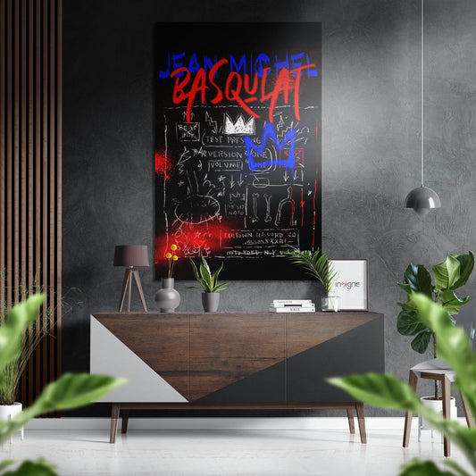 Modern living room interior featuring black Basquiat graffiti wall art with red and blue neon lettering and white sketches displayed above a wooden console table.