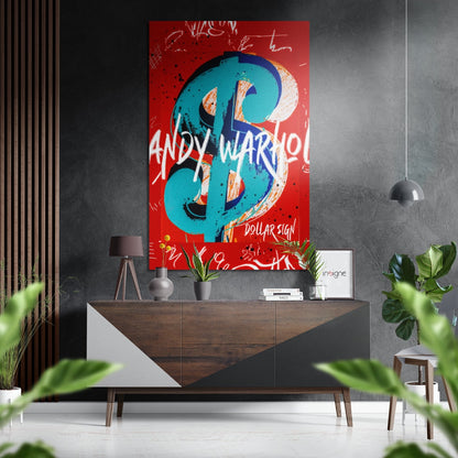 Turquoise Dollar Sign on Red Brushed Aluminum Dibond Wall Art