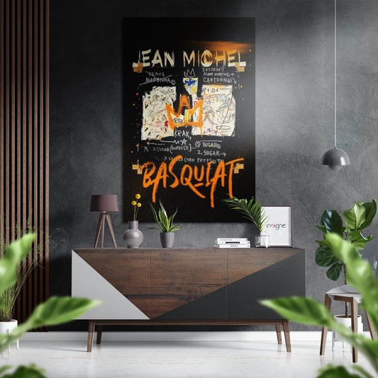 Jean-Michel Basquiat poster with orange and white sketched artwork on black background displayed above wooden dresser in modern interior.