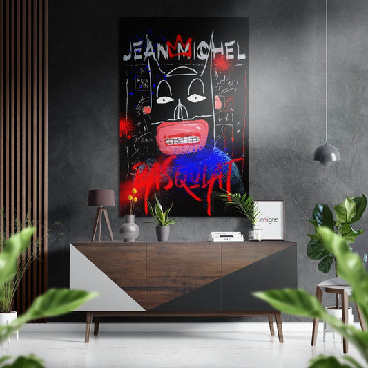 Modern interior with black mask artwork featuring red mouth and blue text displayed above wooden console table with plants and pendant light.