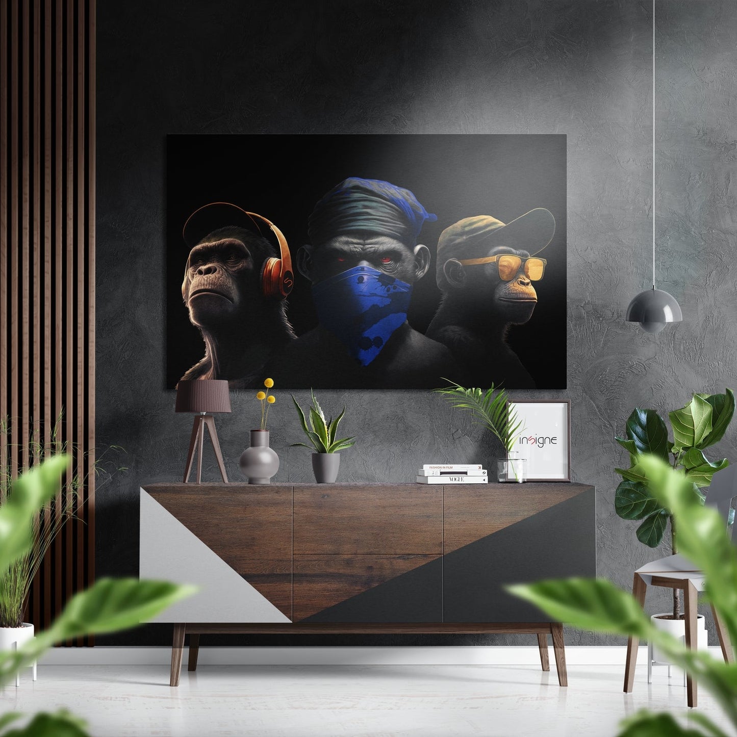 Blue Bandana Chimp Trio Headphones Brushed Aluminum Dibond Wall Art