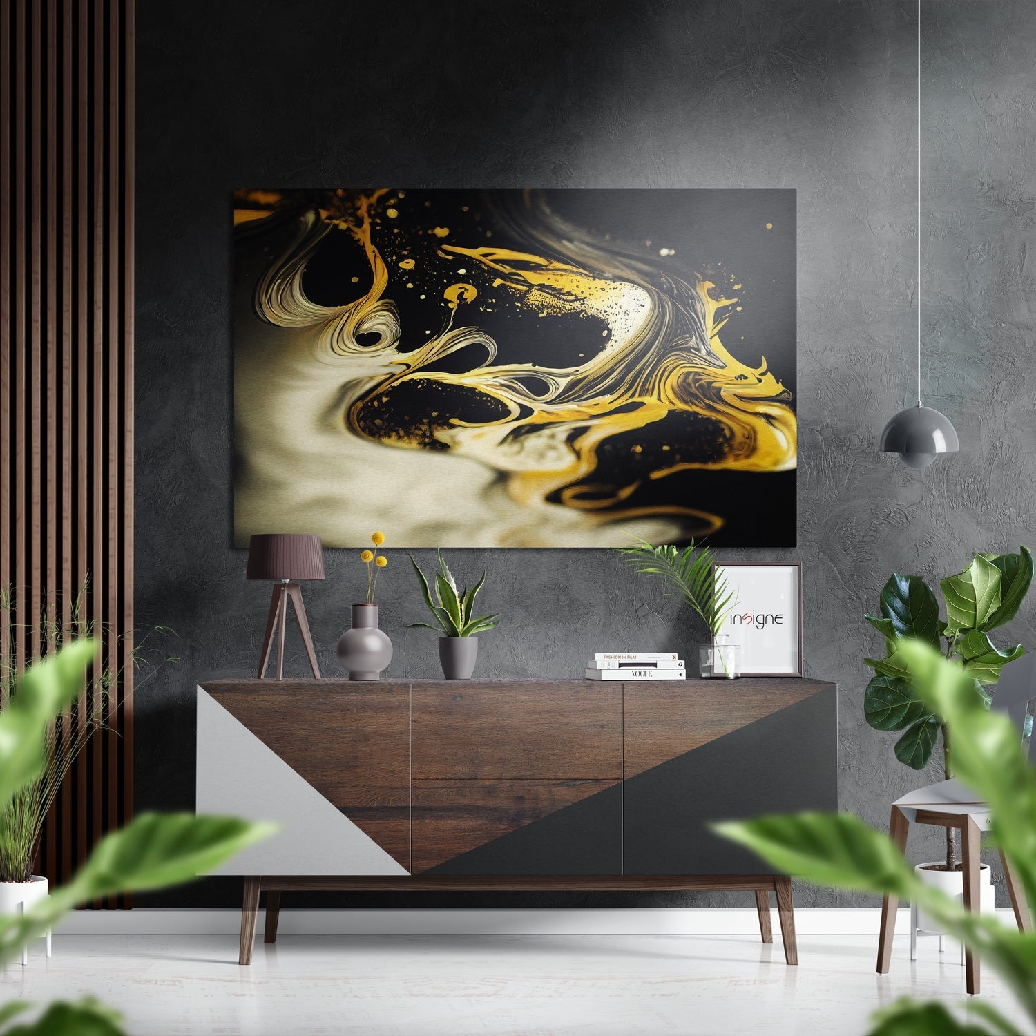Abstract brushed aluminum wall art with swirling gold and black marbled design displayed above wooden console in modern interior setting.