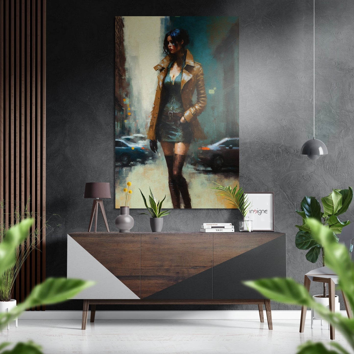 Modern interior display featuring a brushed aluminum wall art depicting a woman in a brown coat and dark dress standing on an urban street, mounted above a wooden console table with plants and decor.