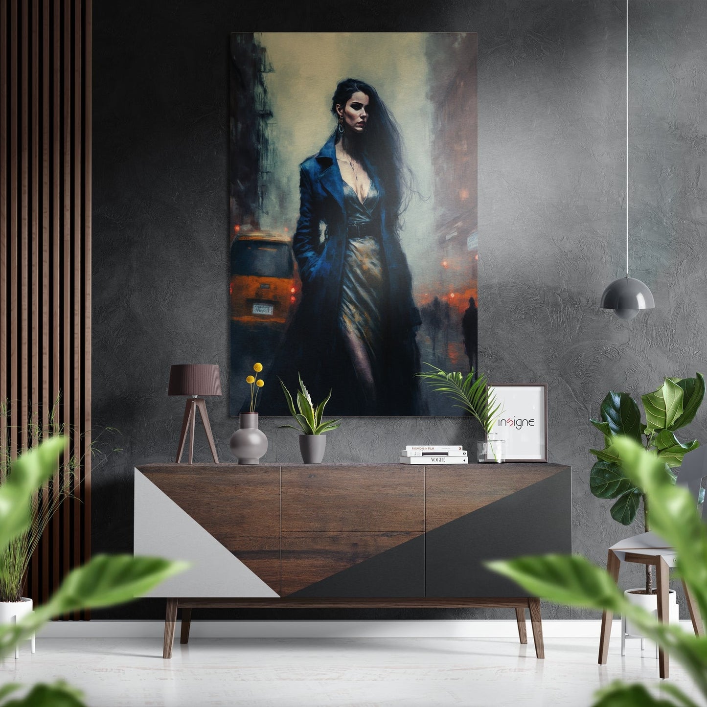 Brushed aluminum wall art depicting a woman in blue coat standing on urban street with yellow taxi and buildings, displayed above wooden mid-century console table in modern interior.