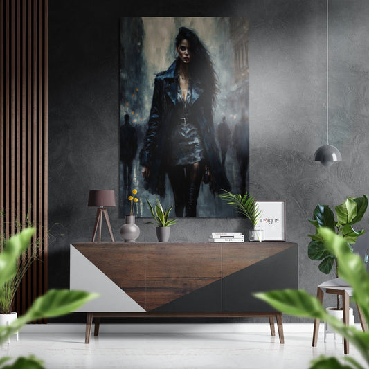 Dark-haired woman in black leather coat and skirt standing in misty urban alley, displayed as wall art above wooden dresser.