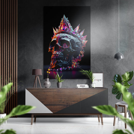 Colorful crystal spiked skull artwork displayed above wooden dresser in modern interior with plants and pendant lamp.