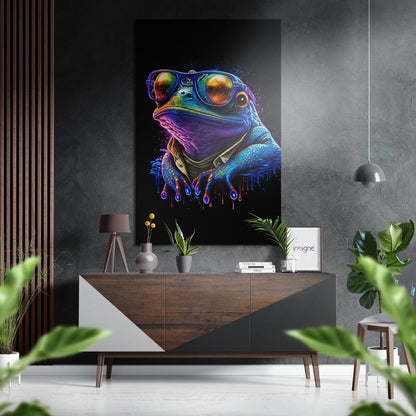 Neon-styled colorful frog wearing sunglasses displayed on dark wall above mid-century modern wooden console table in contemporary living room setting.