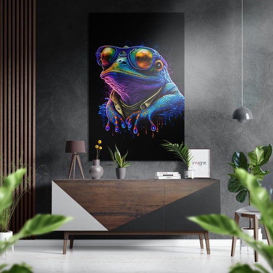 Neon-styled colorful frog wearing sunglasses displayed on dark wall above mid-century modern wooden console table in contemporary living room setting.