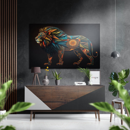 Geometric mosaic lion wall art in orange, teal, and gold displayed above a wooden console table in a modern gray interior with plants and pendant lighting.