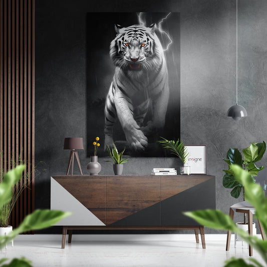 White tiger with glowing eyes and lightning bolt displayed above wooden console in modern gray interior with plants and pendant lamp.