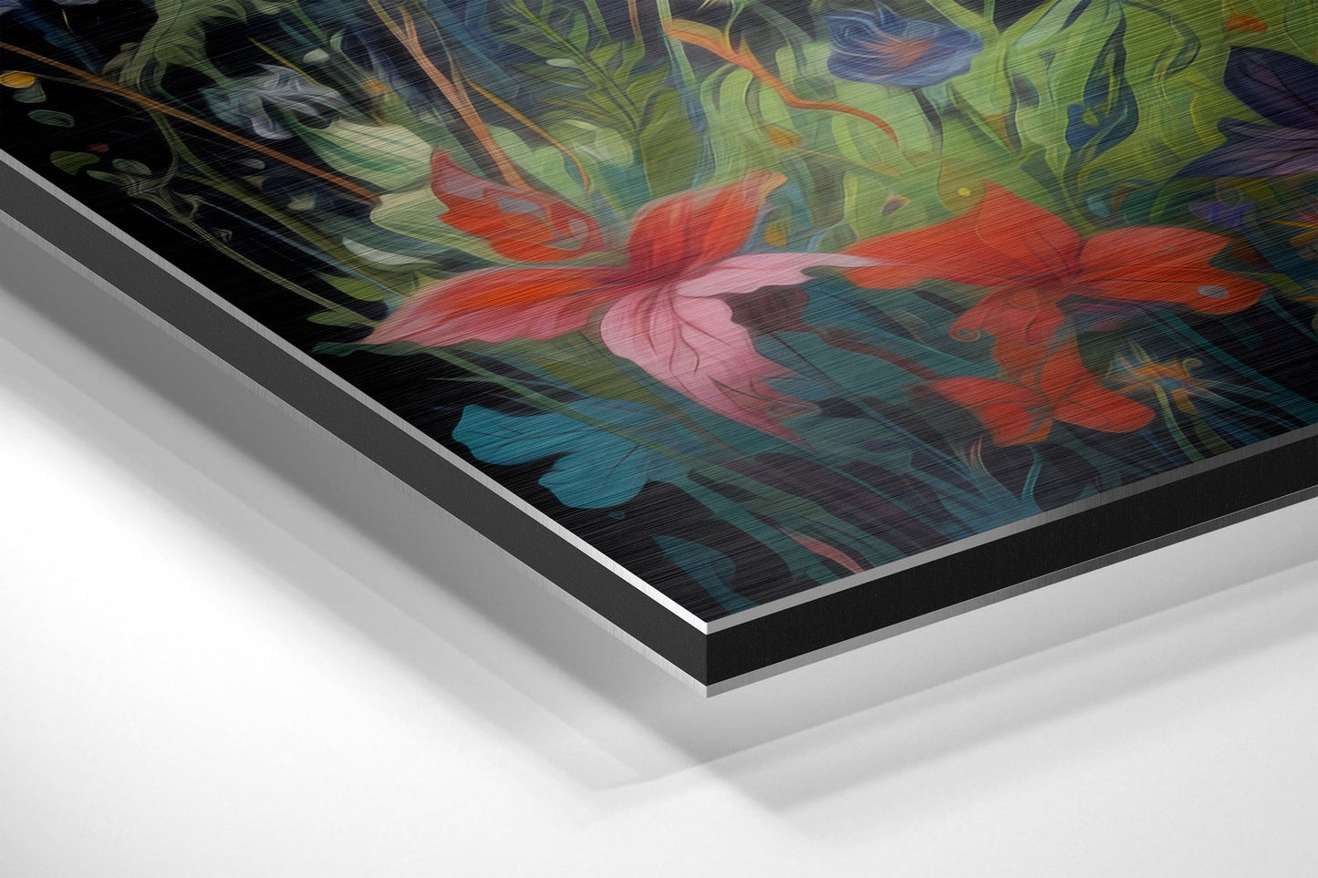 Angled side view of framed fox artwork showing layered aluminum and white mat edges, colorful red and blue flora design visible on black background.