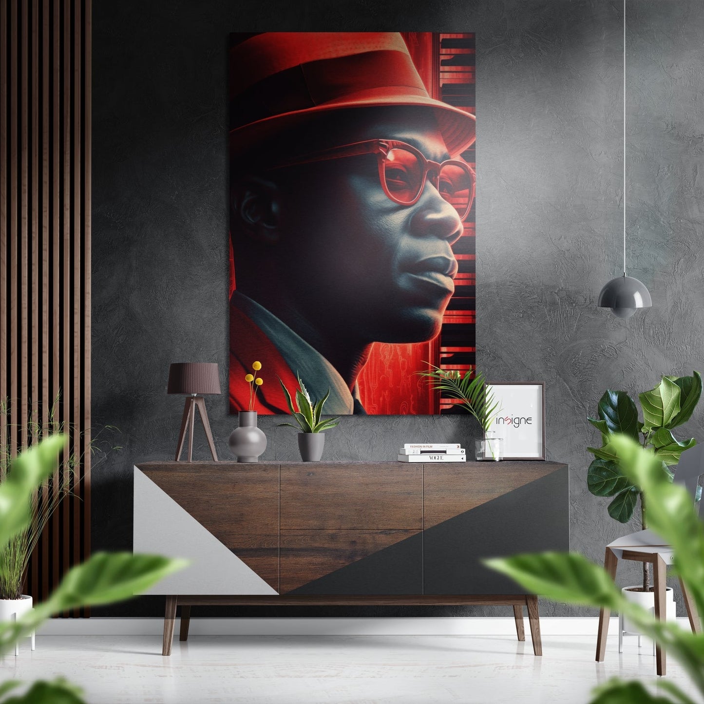 Jazz Brushed Aluminum Dibond Wall Art displayed above wooden dresser, featuring red-tinted portrait of man wearing hat and glasses against dark background.
