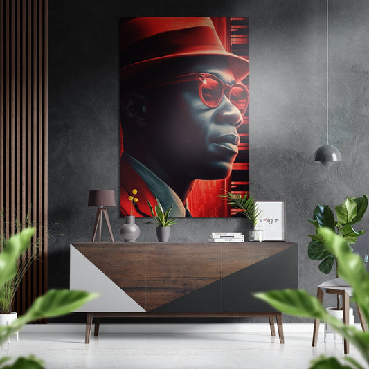 Jazz Brushed Aluminum Dibond Wall Art displayed above wooden dresser, featuring red-tinted portrait of man wearing hat and glasses against dark background.