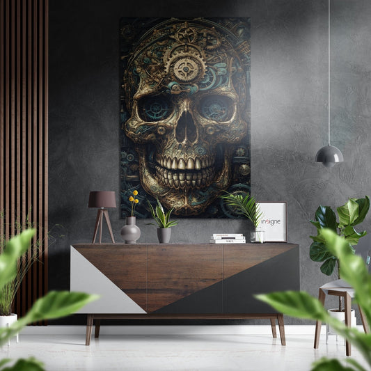 Steampunk skull artwork with gold gears and blue accents displayed on dark gray wall above wooden dresser in modern interior setting.