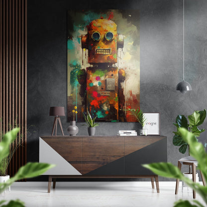 Colorful abstract robot artwork displayed above a wooden console table in a modern interior setting with plants and pendant lighting.