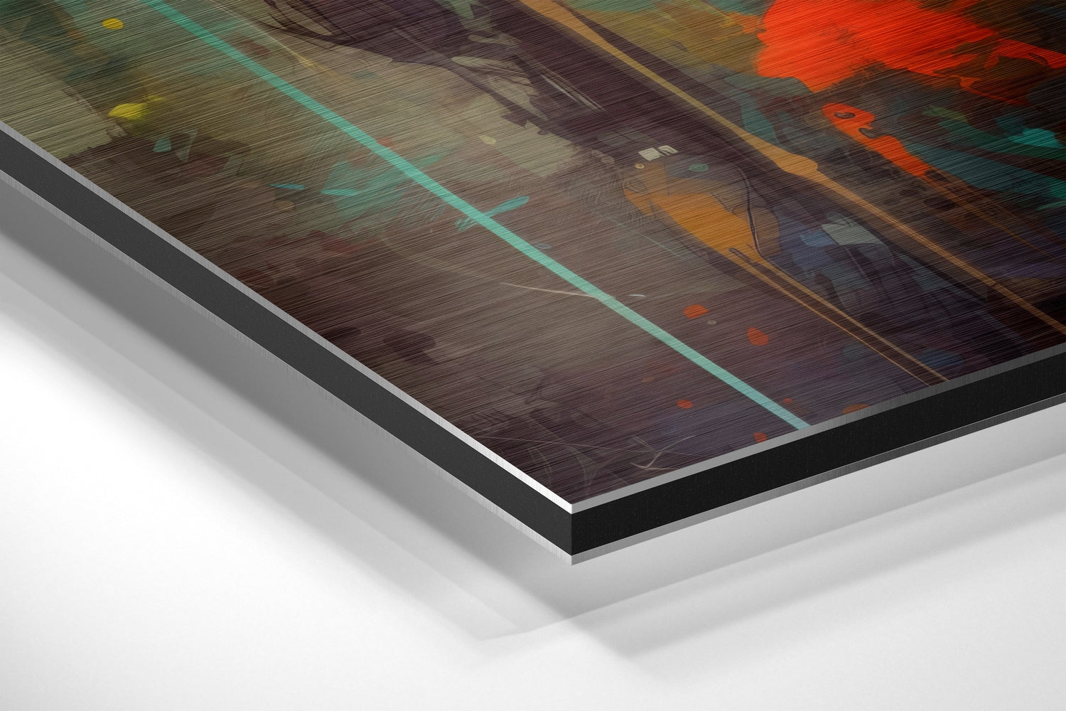 Angled close-up view of layered Dibond wall art showing brushed aluminum and black edge layers with colorful abstract robot imagery featuring red, orange, teal, and dark tones.