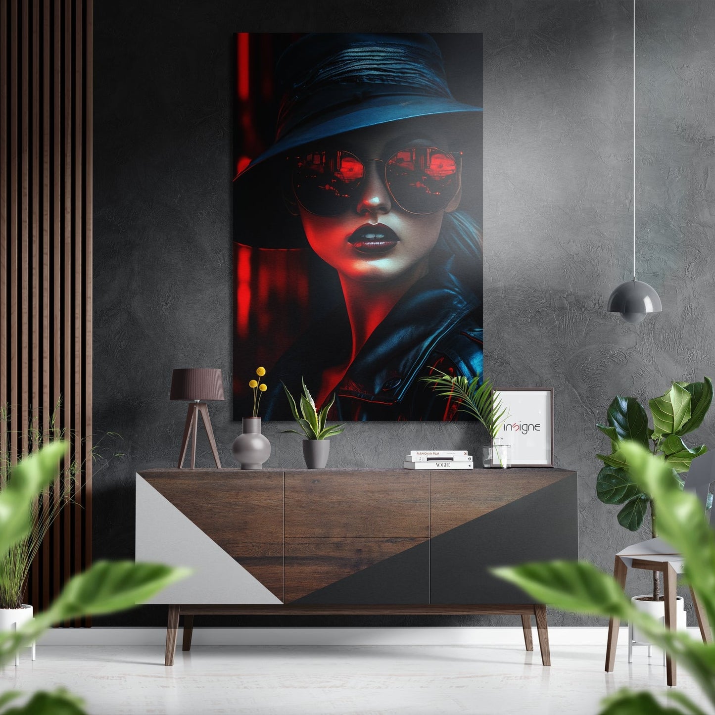 Red Mirror Sunglasses Hat Woman Brushed Aluminum Dibond Wall Art