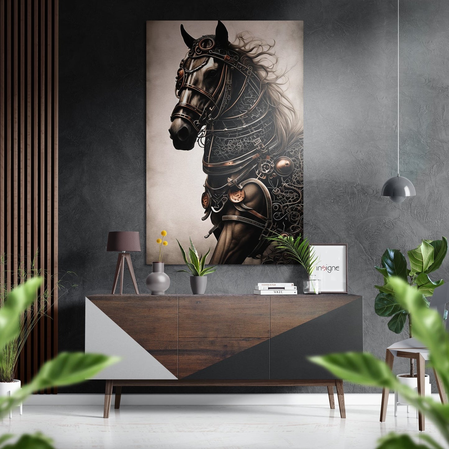 Steampunk horse artwork displayed on gray wall above wooden dresser with potted plants and pendant lighting.