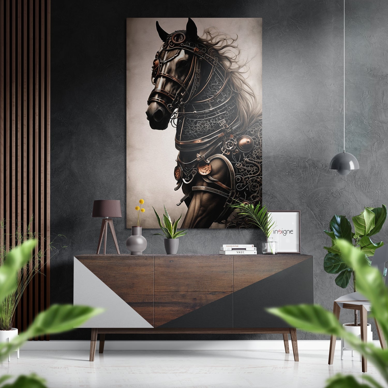 Steampunk horse artwork displayed on gray wall above wooden dresser with potted plants and pendant lighting.