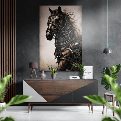 Steampunk horse artwork displayed on gray wall above wooden dresser with potted plants and pendant lighting.