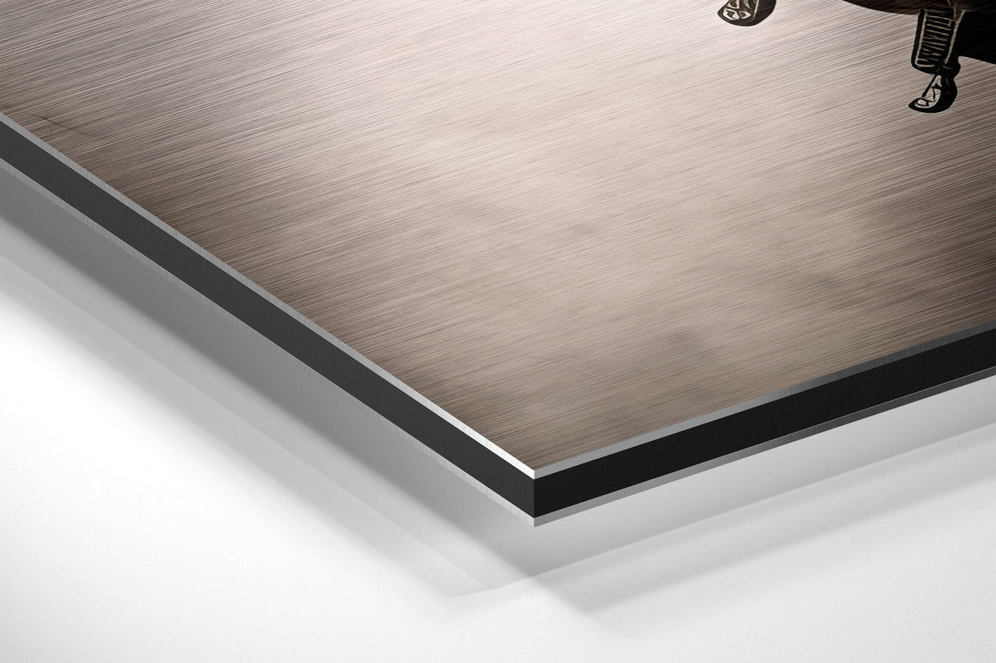 Close-up angled view of brushed aluminum Dibond panel edges showing layered construction with gray and black borders against white background.