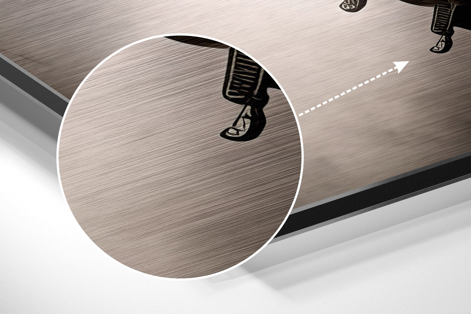 Close-up angled view of brushed aluminum circular wall art showing silhouette of horse's head and neck detail.