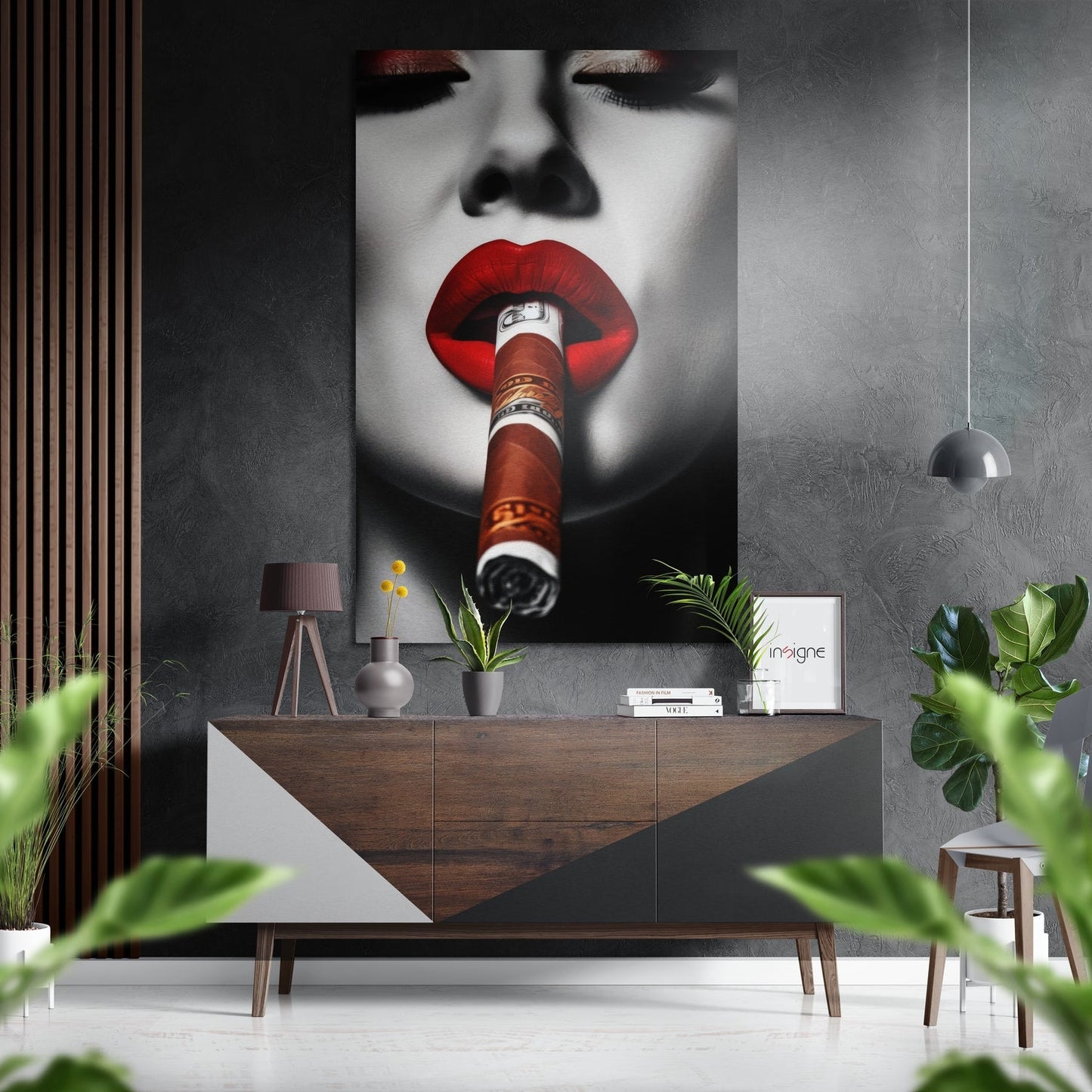 Red Lips Biting Lit Cigar Close Up Brushed Aluminum Dibond Wall Art