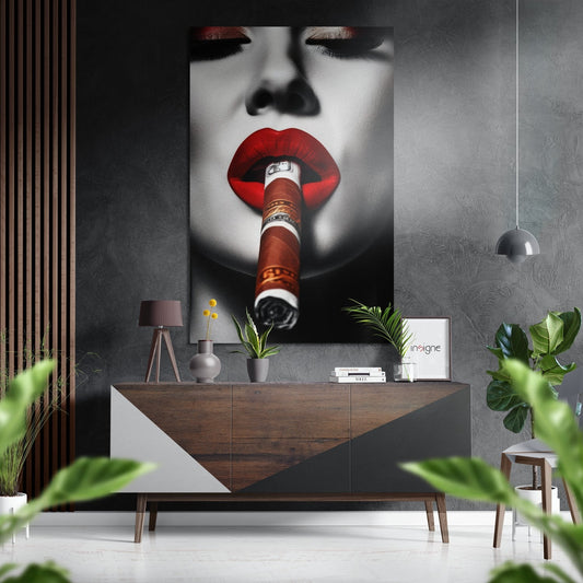 Red Lips Biting Lit Cigar Close Up Brushed Aluminum Dibond Wall Art