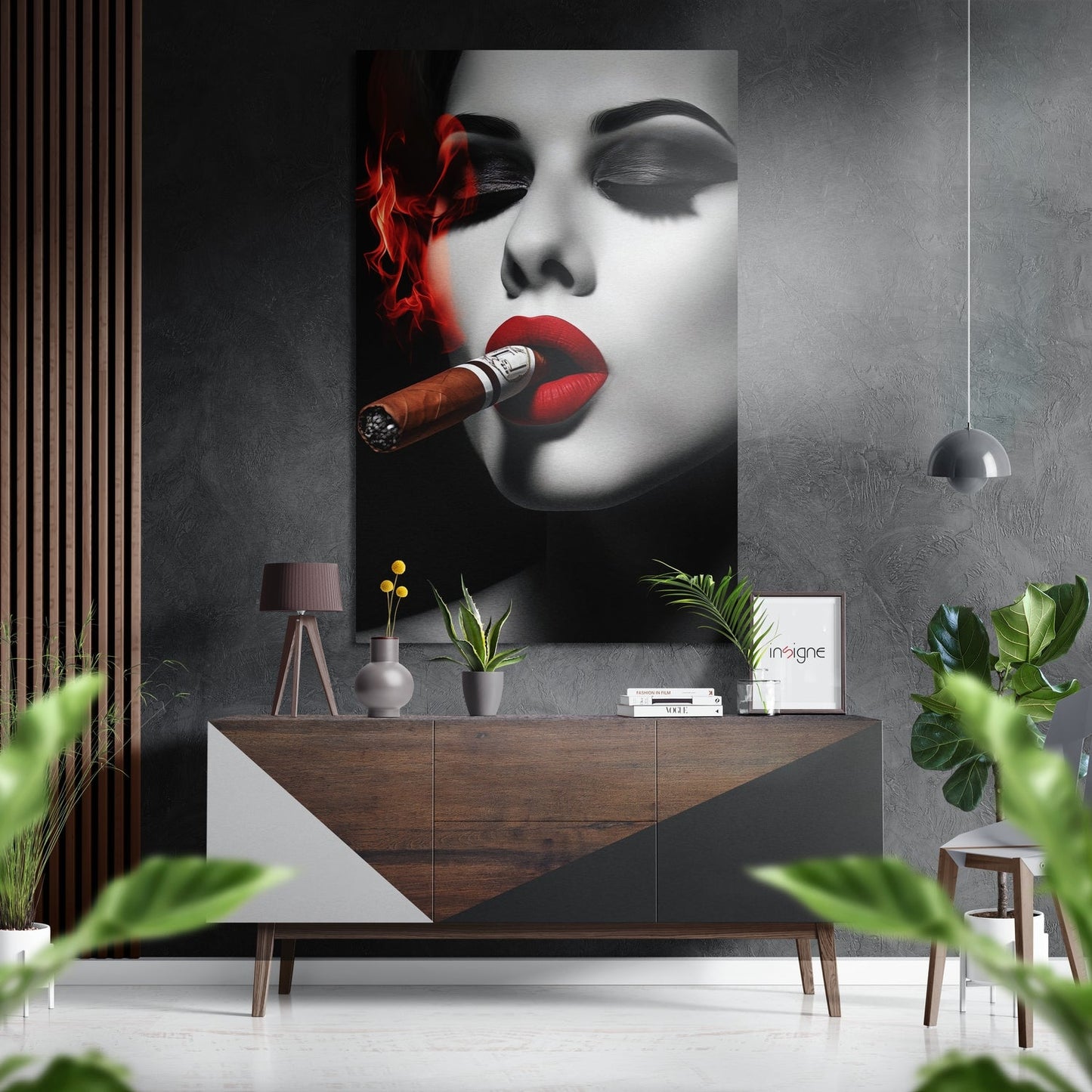 Red Smoke Cigar Woman Eyes Closed Brushed Aluminum Dibond Wall Art