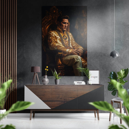 Portrait of man in gold ornate jacket seated in decorative chair against dark background, displayed on wall above wooden dresser in modern interior.