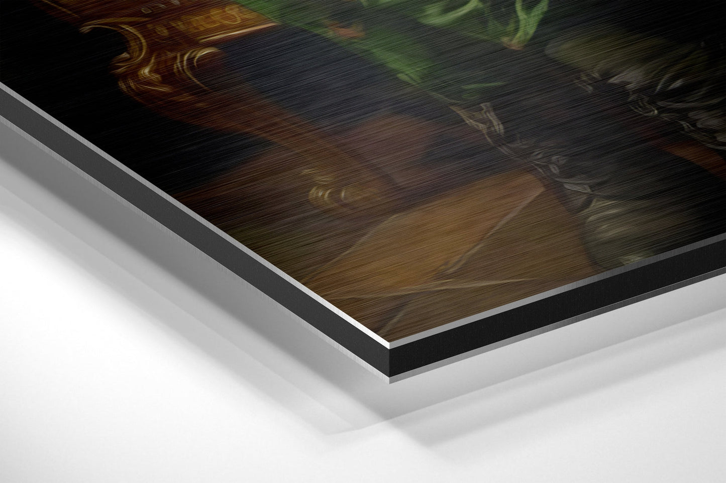 Close-up angled view of layered Dibond panel edges showing brushed aluminum frame and white backing layers.