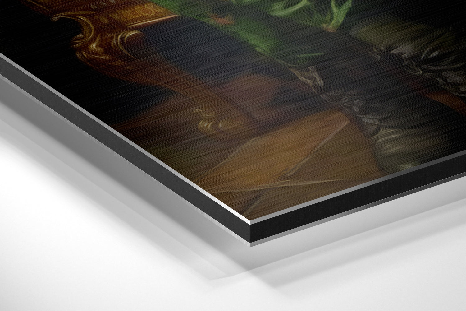 Close-up angled view of layered Dibond panel edges showing brushed aluminum frame and white backing layers.