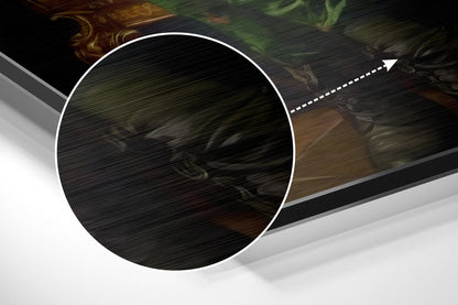 Close-up detail of brushed aluminum surface with circular white border and directional arrow indicator on dark textured background.