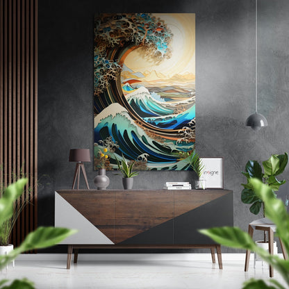 Modern interior space featuring waves and mountains brushed aluminum wall art above a wooden dresser with plants and pendant light.