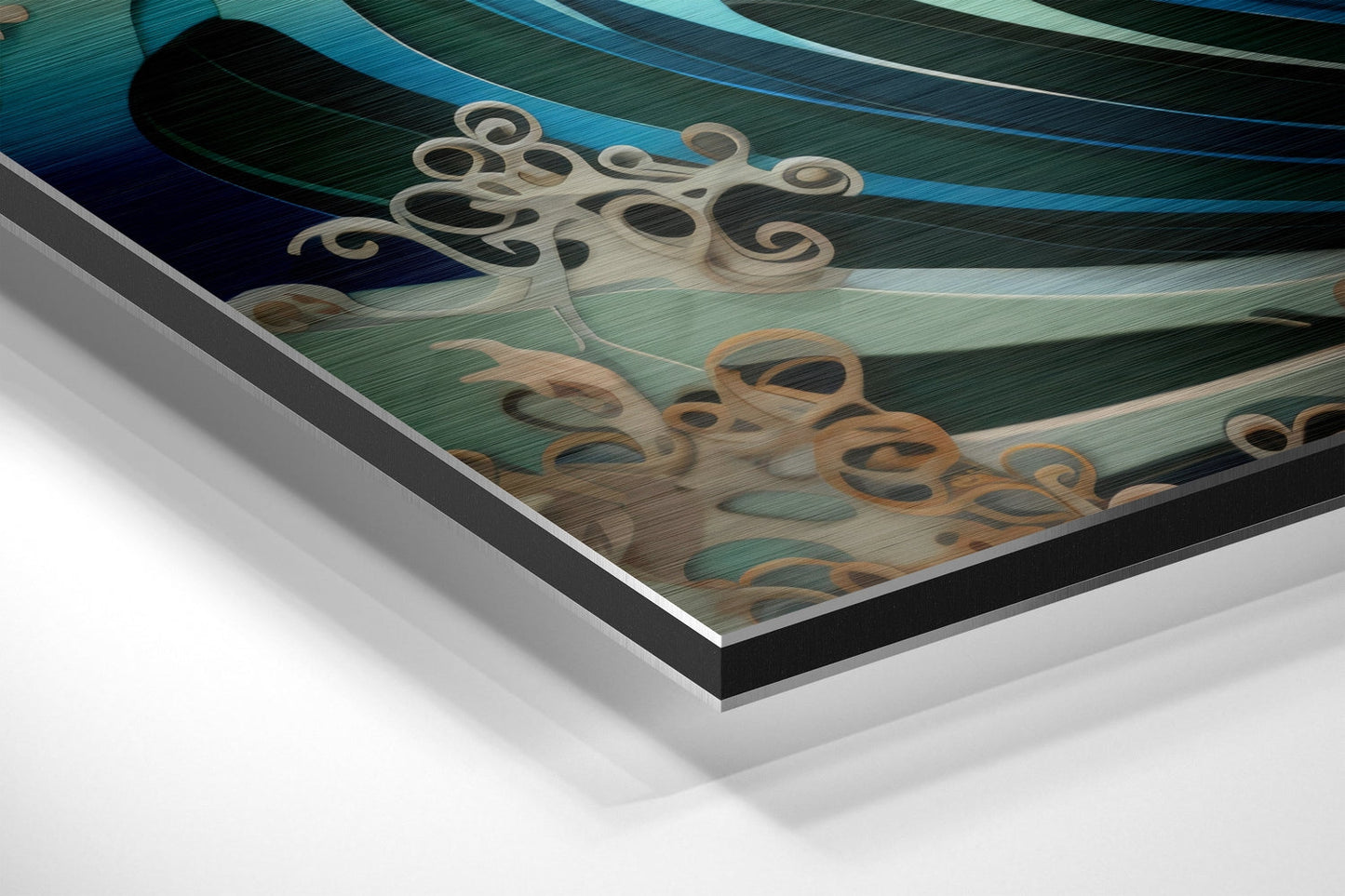 Close-up angled view of layered aluminum dibond print showing turquoise waves, tan octopus figures, and black frame edge.