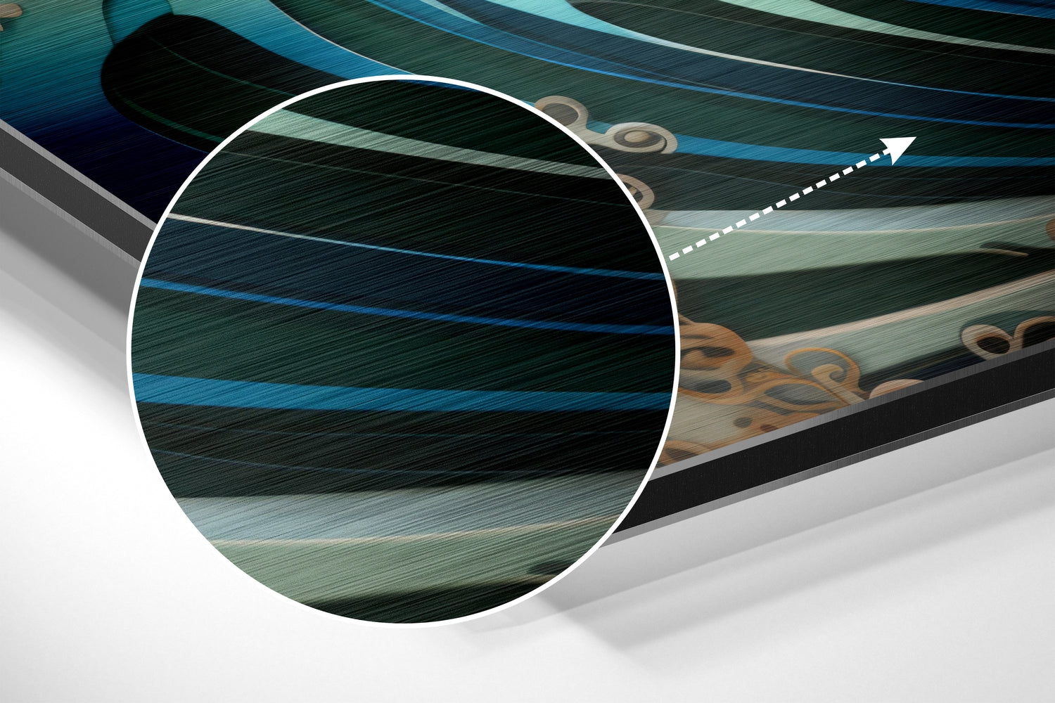 Close-up cross-section revealing layered brushed aluminum and blue striped interior construction of curved wall art panel.