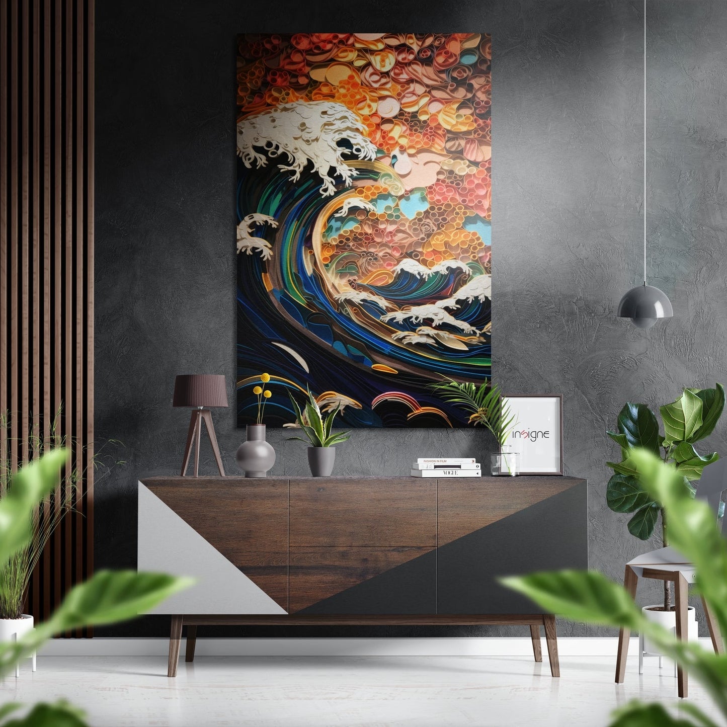 Modern interior room featuring colorful wave and flower wall art above wooden console table with plants and pendant lamp.