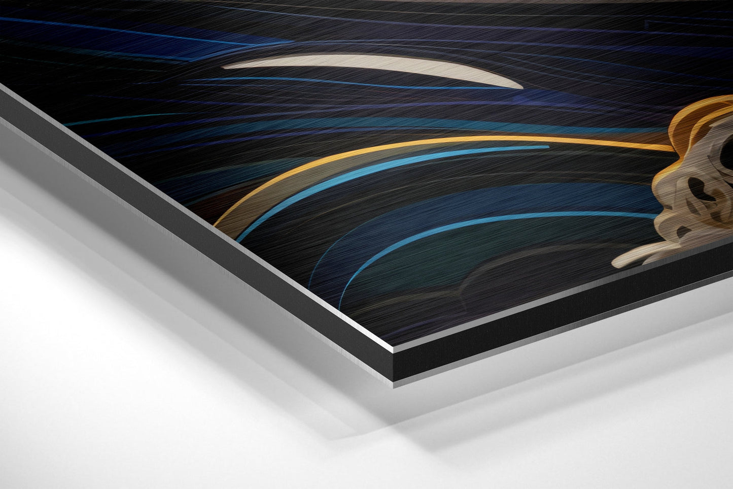 Angled perspective view of brushed aluminum wall art showing layered waves in blue and gold tones with decorative floral element on right edge.